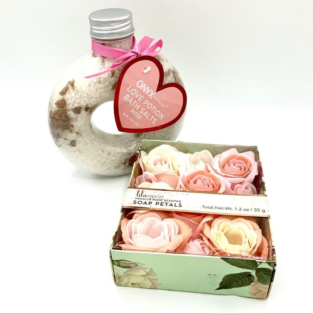 Lila Grace Vanilla Rose Scented Soap Petals 1.2 oz  & Onyx Bath Salt 18.9 Oz New